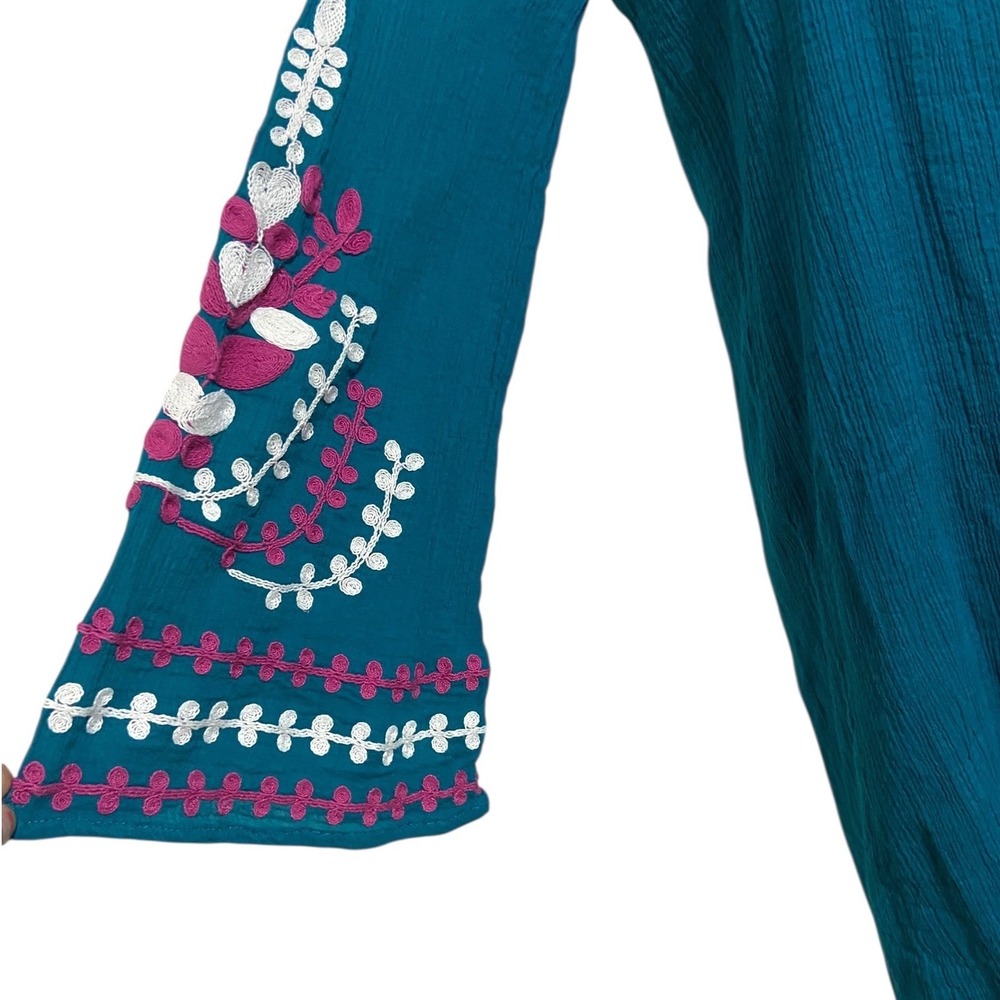 Umgee Teal Blue Embroidered Bell Sleeve Boho Shift Dress Peasant Hippie Gypsy M - Picture 7 of 9